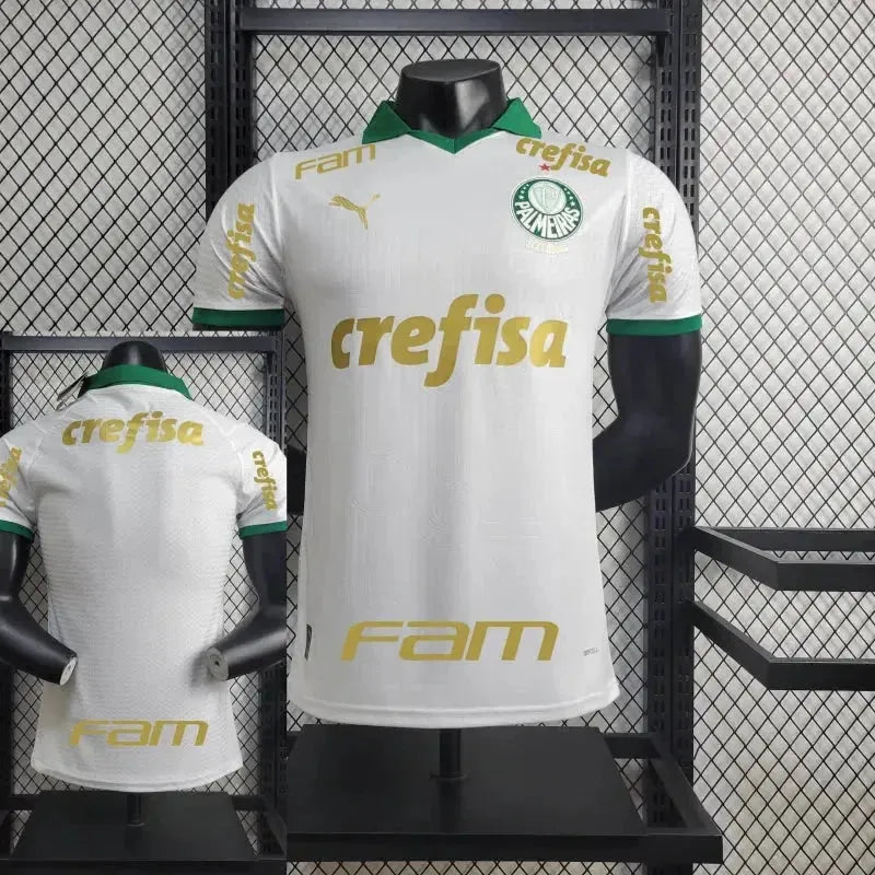 "Camisa Palmeiras Away 24/25 - Jogador Masculina Branca e Dourada + Patch Brasileirão e Avanti + Patrocínios - Netmantos"