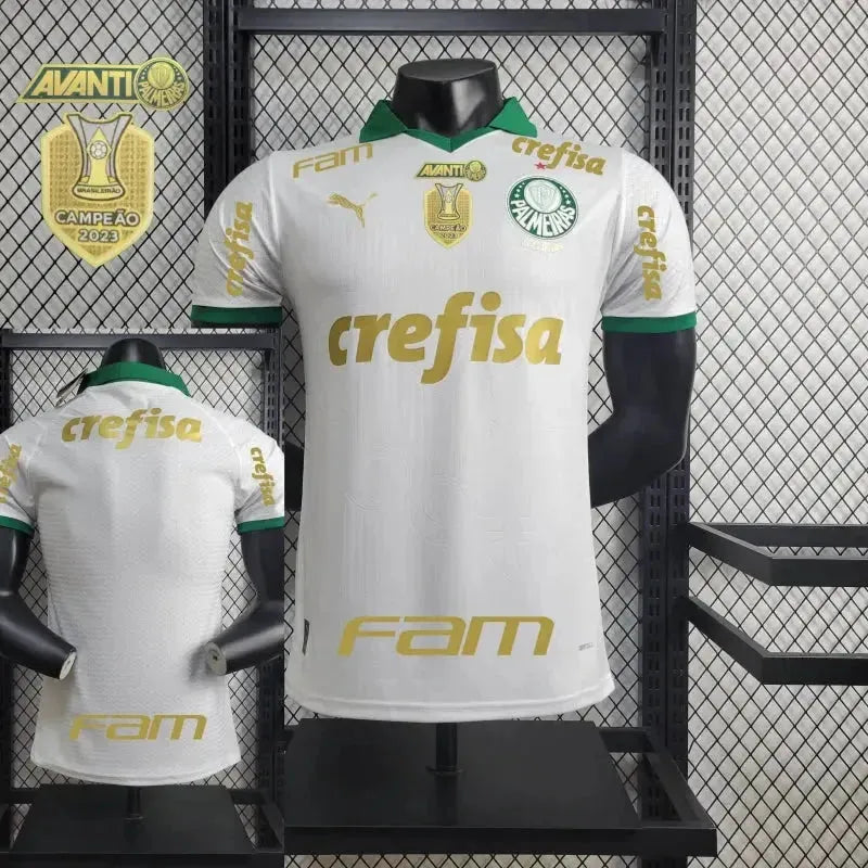 "Camisa Palmeiras Away 24/25 - Jogador Masculina Branca e Dourada + Patch Brasileirão e Avanti + Patrocínios - Netmantos"