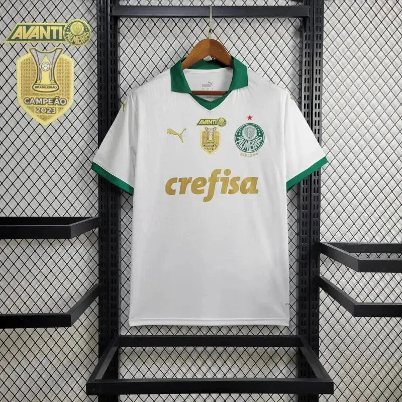 "Camisa Palmeiras Away 24/25 - Torcedor Masculina Branca + Patch Brasileirão e Avanti + Patrocínios - Netmantos"