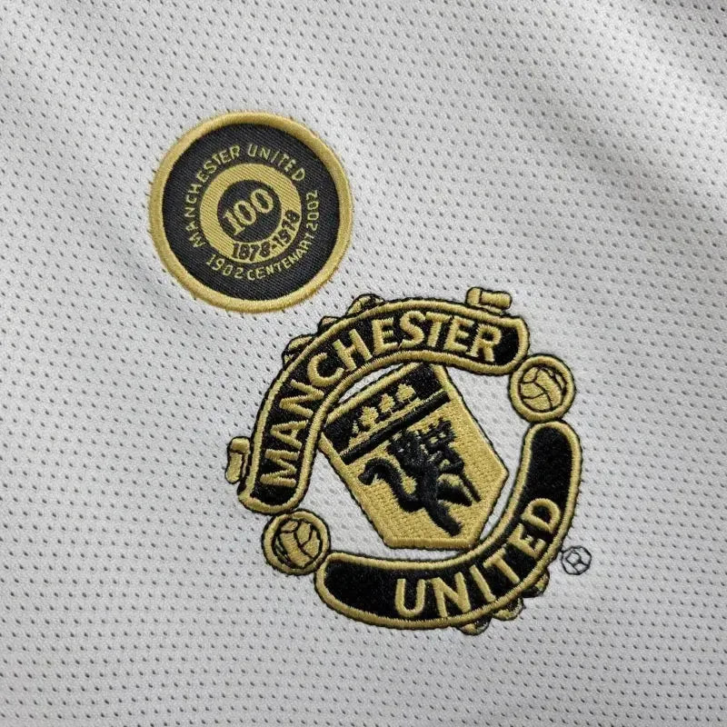 Camisa Manchester United Retrô Edição 100 Anos 01/02 - Torcedor Masculina Branco, Preto e Dourado - Dupla Face - Netmantos