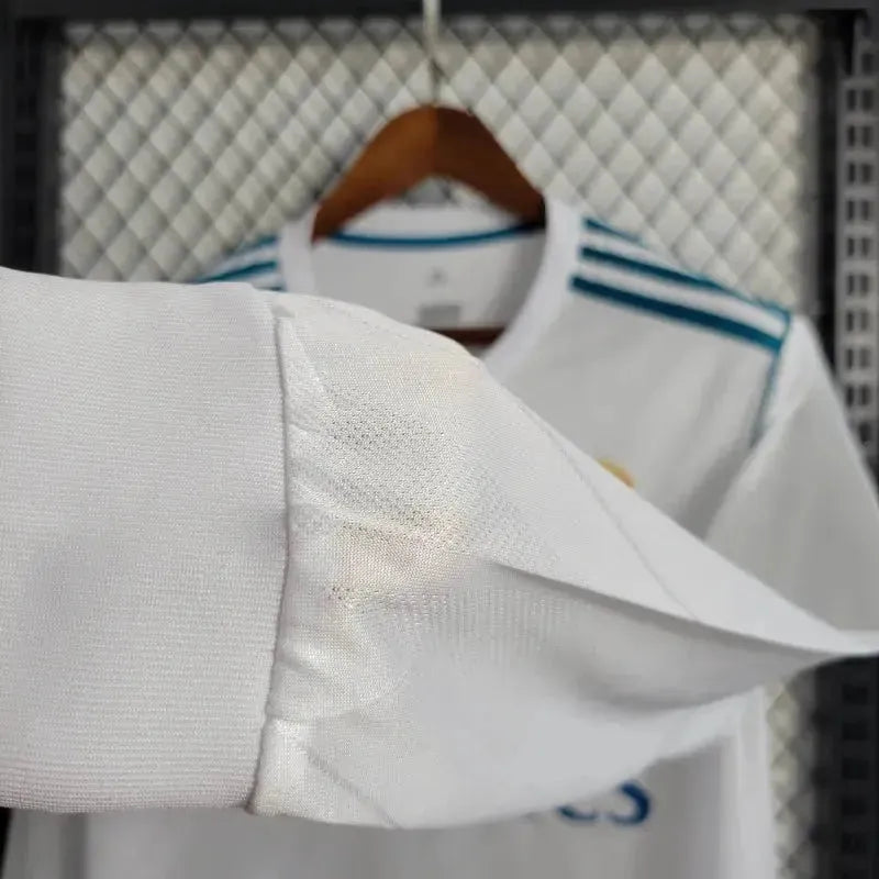 Camisa Real Madrid Home Retrô 2017/18 - Torcedor Masculina Branca e Azul Manga Longa - Netmantos