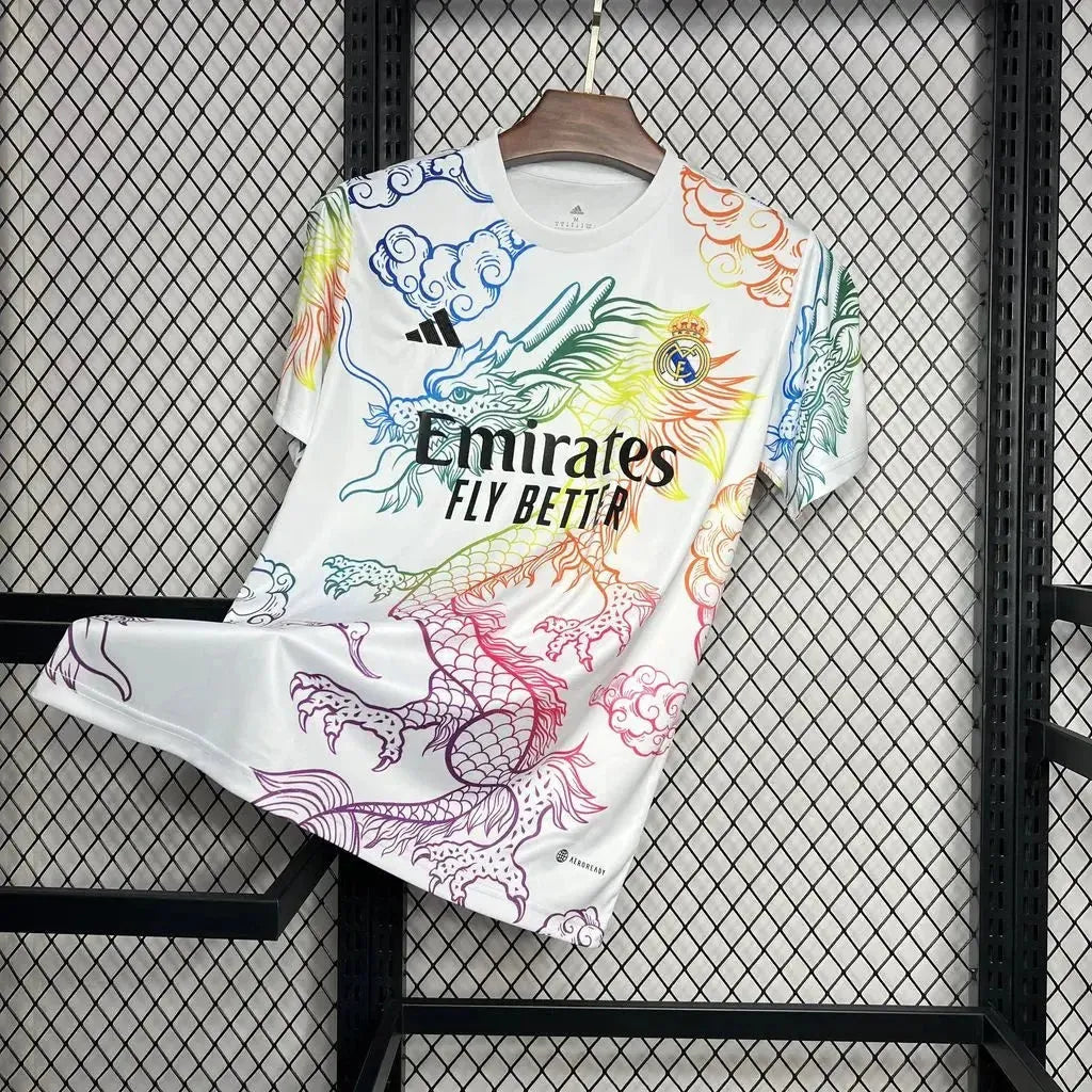 "Camisa Real Madrid Dragão Chinês 24/25 - Torcedor Masculina Branca Colorida - Netmantos"