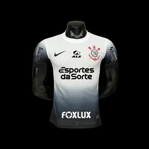 "Camisa Timão Home 24/25 - Jogador Masculina Preta e Branca + Patrocínios - Netmantos"