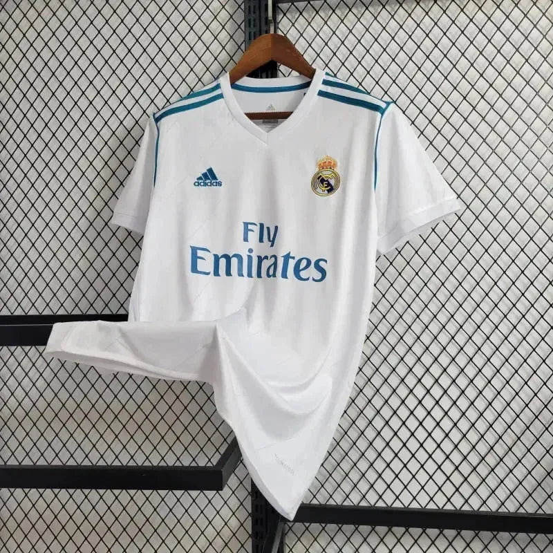 "Camisa Real Madrid Retrô Home 2017/18 - Torcedor Masculina Branca e Azul - Netmantos"