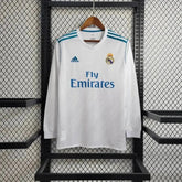 "Camisa Real Madrid Home Retrô 2017/18 - Torcedor Masculina Branca e Azul Manga Longa - Netmantos"