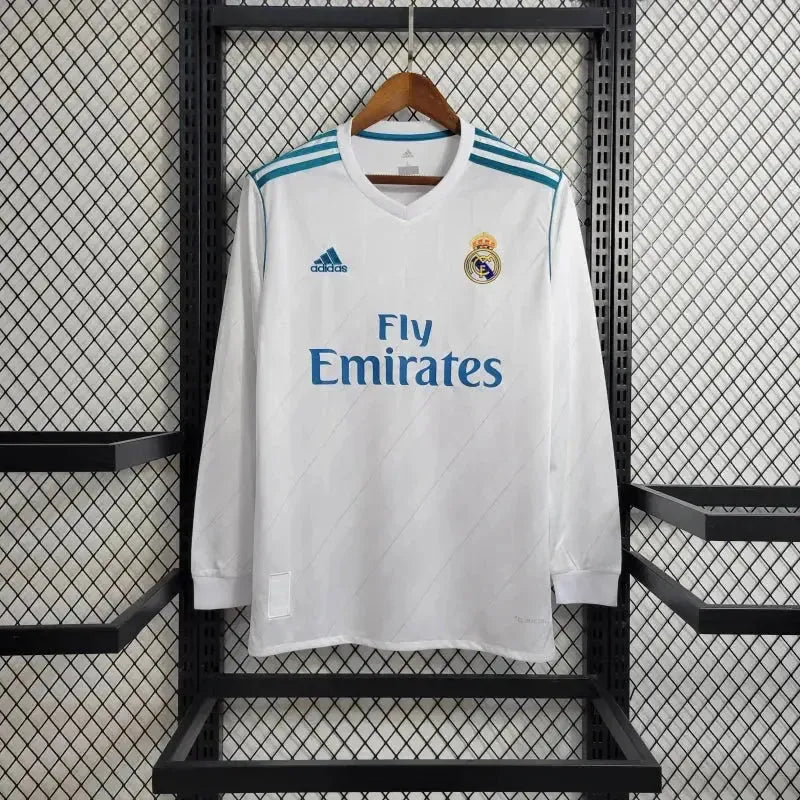 "Camisa Real Madrid Home Retrô 2017/18 - Torcedor Masculina Branca e Azul Manga Longa - Netmantos"