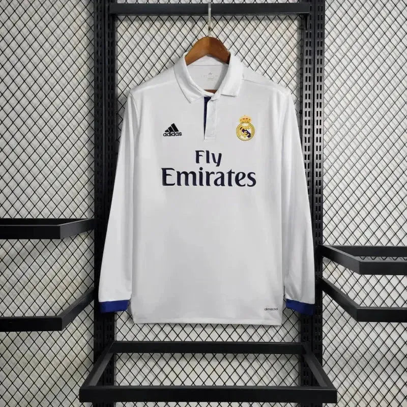 "Camisa Real Madrid Main Retrô 2016/17 - Torcedor Masculina Branca Manga Longa - Netmantos"