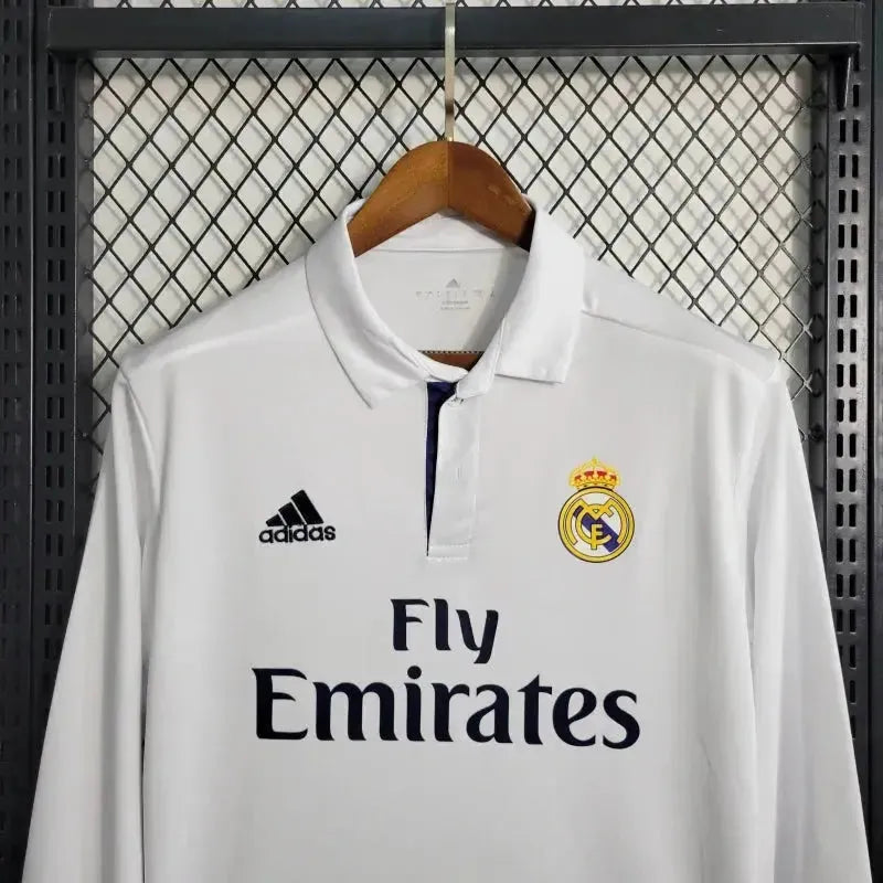 "Camisa Real Madrid Main Retrô 2016/17 - Torcedor Masculina Branca Manga Longa - Netmantos"