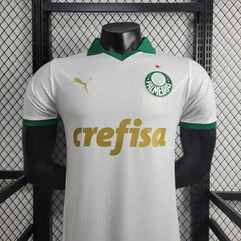 "Camisa Palmeiras Away 24/25 - Jogador Masculina Branca e Dourada + Patch Brasileirão e Avanti + Patrocínios - Netmantos"