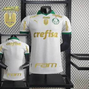 "Camisa Palmeiras Away 24/25 - Jogador Masculina Branca e Dourada + Patch Brasileirão e Avanti + Patrocínios - Netmantos"