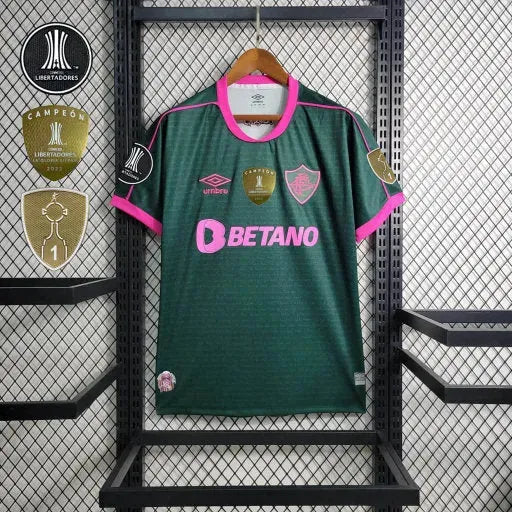 "Camisa Fluminense Away II 23/24 - Torcedor Masculina Verde e Rosa + Patches Libertadores - Netmantos"