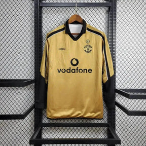 Camisa Manchester United Edição 100 Anos Retrô 2001/02 - Torcedor Masculina Branco, Preto e Dourado Manga Longa - Dupla Face - Netmantos