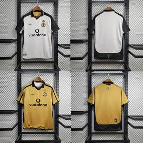 Camisa Manchester United Retrô Edição 100 Anos 01/02 - Torcedor Masculina Branco, Preto e Dourado - Dupla Face - Netmantos