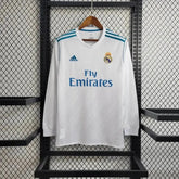 Camisa Real Madrid Home Retrô 2017/18 - Torcedor Masculina Branca e Azul Manga Longa - Netmantos
