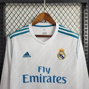 Camisa Real Madrid Home Retrô 2017/18 - Torcedor Masculina Branca e Azul Manga Longa - Netmantos