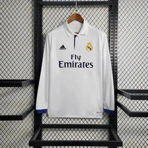 Camisa Real Madrid Main Retrô 2016/17 - Torcedor Masculina Branca Manga Longa - Netmantos